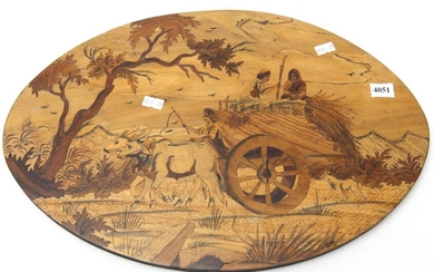1900S INLAID WOODEN PLAQUE WITH COW AND CART SCENE