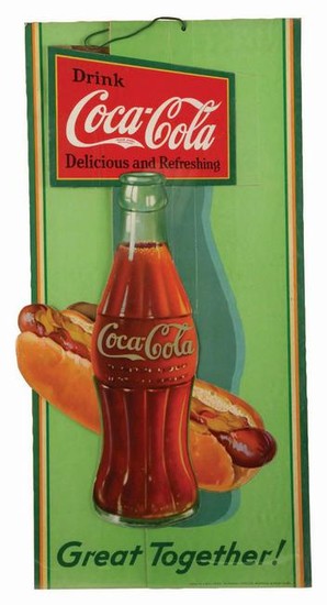 1932 COCA-COLA CUT-OUT HOT DOG ADVERTISING SIGN.