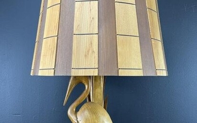 1950s Paul E. Caron Folk Art Wood Crane Lamp