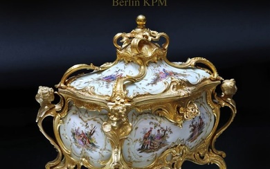 19th C. Berlin KPM Hand Painted Porcelain Figural Mounted Bronze Jewelry Box/Centerpiece