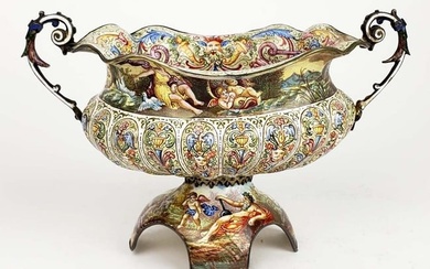 19th C. Large Viennese Enamel on Silver Bowl w/ Handles