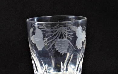 19th Century glass "The Last Drop" tumbler, decorated with hops and wheat to the sides, a hanging