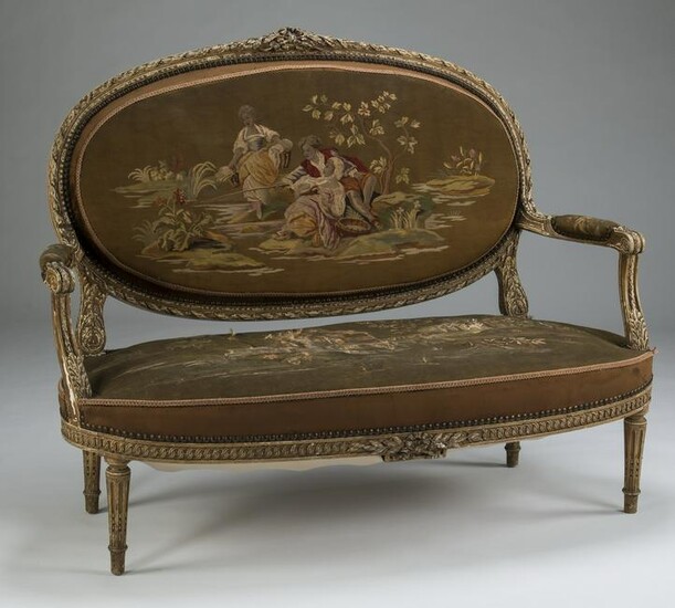 19th c. Louis XVI style settee with scenic tapestry