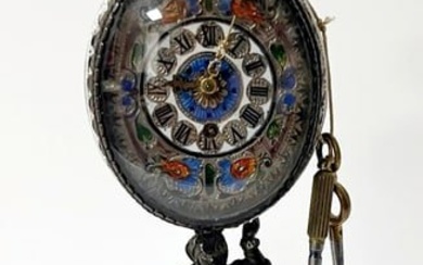 19th century Austrian Silver and Enamel Desk Clock with base and body in bright mythological scenes