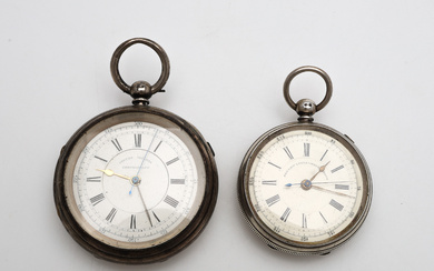 2 ANTIQUE ENGLISH POCKET WATCHES WITH SILVER CASES, CHRONOGRAPHS, 114 and 237 g.