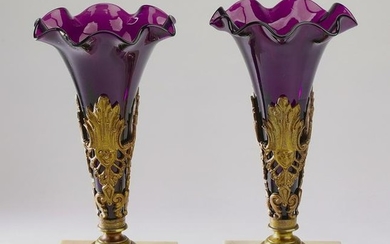 (2) Amethyst glass and brass spill vases