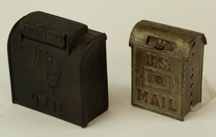 2 Cast Iron Figural US Mail Box Banks