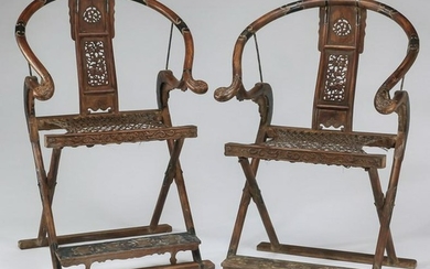 (2) Chinese carved dragon & qilin folding chairs