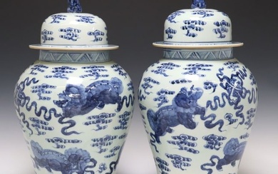 (2) LARGE CHINESE BLUE & WHITE PORCELAIN VASES & COVERS, 20"H