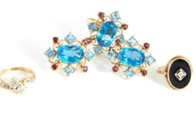 Gemstone, diamond and gold rings and earrings (5pcs)