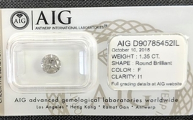 1.35 ct - Natural White Diamond - F Color - I1 - VG/VG/VG - NO RESERVE!