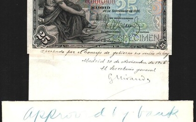 24 de septiembre de 1906. 25 pesetas. Sin serie. SPECIMEN. Aprobado por el Consejo de Gobierno. SC-. Interesantísimo