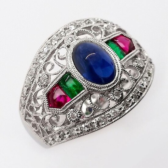2.46ctw Natural Sapphire, Emeralds, Rubies and Natural Diamonds - IGI Report - Platinum - Ring Sapphire