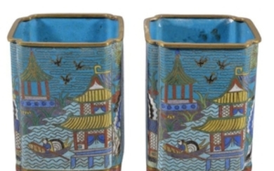 A pair of Chinese cloisonné enamelled vases , late