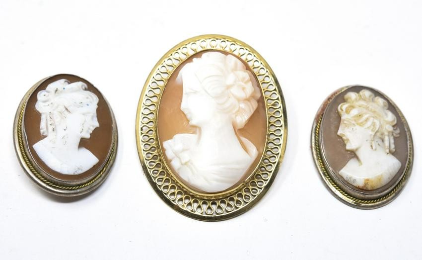 3 Antique Shell Cameos - Gold Filled & Sterling