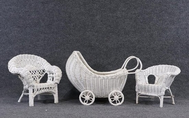 3 Assorted Dolls Wicker Chairs and Stroller Carriage