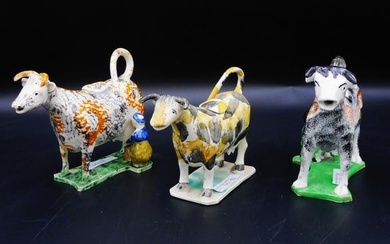(3) Staffordshire cow creamers. Early 19th