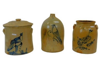 (3) stoneware crocks and jug with bluebird