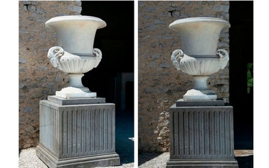 Pair of large white Carrara marble vases. Ornate w…
