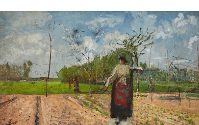Emilio Gola ( Milano 1851 - 1923 ) , "Paesaggio in Brianza" olio su tela (cm 77,5x120) Firmato in basso a destra In cornice Provenienza Collezione Chierichetti; Galleria Pesaro,...
