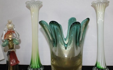 4 PIECES OF MURANO, 3 VASES & ITALIAN MAIDEN (CHIP IN SKIRT) 15 1/2" TALL