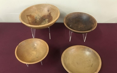 4 Primitive Turned Wood Bowls