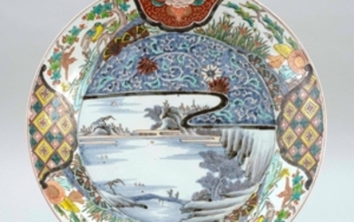 IMARI PORCELAIN CHARGER In landscape design with bird, flowers and figural border. Diameter 18.25".