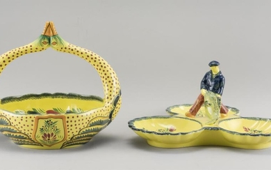 TWO PIECES OF HENRIOT QUIMPER POTTERY A centerpiece basket with duck-form handle and figural decoration, height 10.75", and a three-...