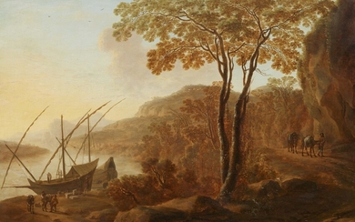 Willem de Heusch - Southern River Landscape with Boats Landing