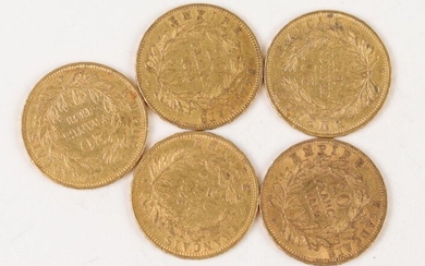 5 pieces of 20 Francs gold Napoleon III bareheaded