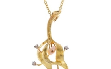 An 18ct gold cultured pearl and diamond pendant. The