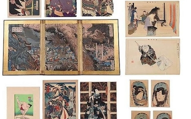 21 Woodblock Prints, Battle and Theater Scenes