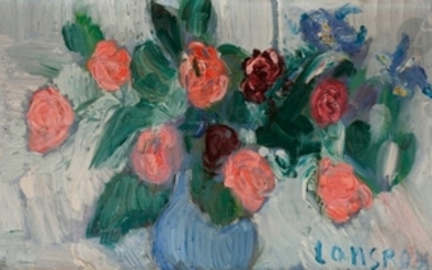 André LANSKOY (1902 1976) Roses dans un vase bleu,…