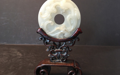 ANTIQUE Chinese White Jade Round Dragonand RUYI Screen on Frame, Ming. 2 1/2" diameter