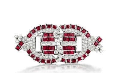 Art Deco Ruby and Diamond Platinum Dress Clips