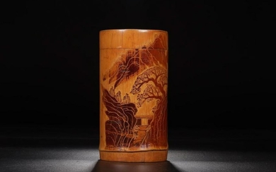 A BAMBOO WOOD TEA CADDY CARVED IN LANDSCAPE