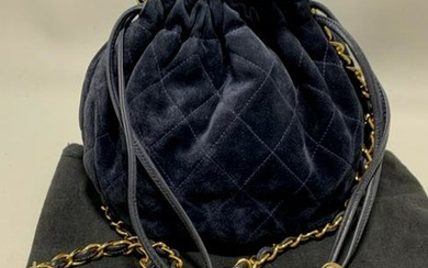 CHANEL NAVY BLUE SUEDE LEATHER HOBO BAG PURSE