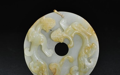 Chinese White Jade Bi with Chilong, Ming Dynasty