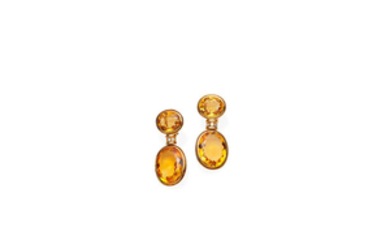 A pair of citrine and diamond drop earrings