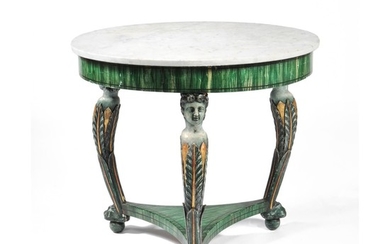 A Continental green painted and parcel gilt circular centre table