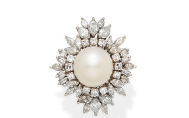 A cultured pearl, diamond and white gold ring