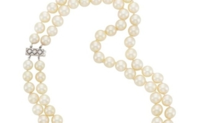 Double Strand Cultured Pearl Necklace with Platinum and Diamond Clasp, Van Cleef & Arpels