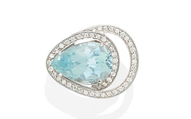 A free-form aquamarine and diamond ring