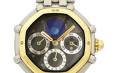 GERALD GENTA REF. G.3404.7 PERPETUAL CALENDAR CARBON DIAL QUARTZ YELLOW GOLD AND STEEL A fine quartz yellow gold and steel wristwatch with perpetual calendar and moon phases.