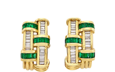 Pair of Gold, Emerald and Diamond Earclips, Charles Krypell