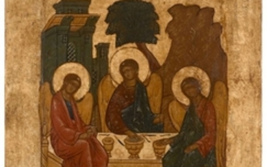 ICÔNE, RUSSIE, XVIIIe SIÈCLE La Trinité de l'Ancien Testament Levkas puis tempera et or sur bois
