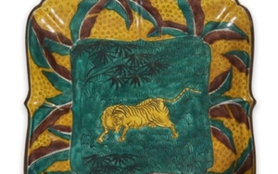 A Kutani "Tiger" dish Depicting a tiger and bamboo,...