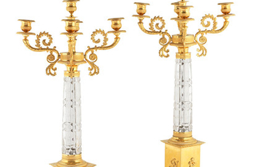 A large pair of French 19th century gilt bronze and glass candelabra