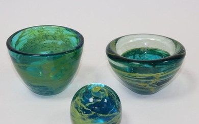 Mdina, a glass bowl, swirling pattern in blue, green
