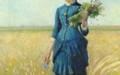 Michael Ancher: A young girl in a blue dress on a field holding wild flowers in her hand. Signed M. Ancher. Oil on canvas. 51 x 35 cm.